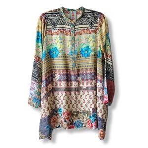 Johnny Was 100% Silk Floral Tunic Top Blouse S Boho Hippie Artsy Art to Wear